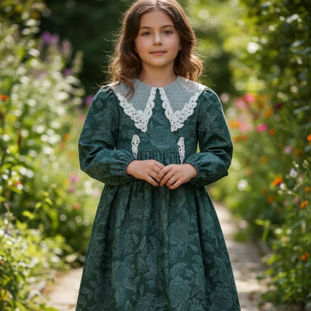 Vintage Rare Editions Girls 8 Forest Green Dress Lace Bib Victorian Cottagecore